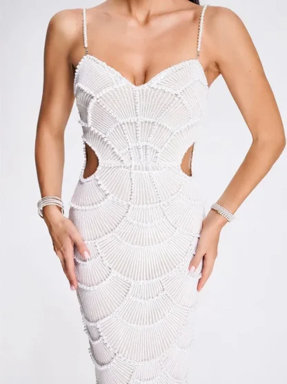 Luxury Pearl-like Cutout White Dress - Image 3