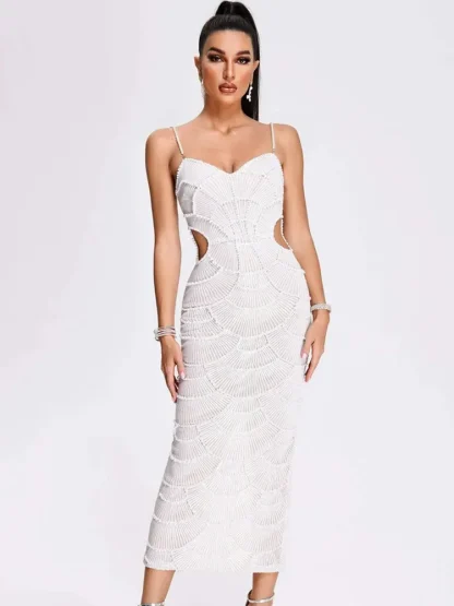 Luxury Pearl-like Cutout White Dress