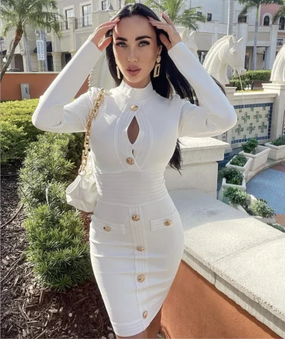 Long Sleeve Keyhole Button Dresses - Image 2