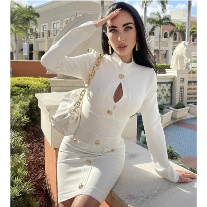 Long Sleeve Keyhole Button Dresses