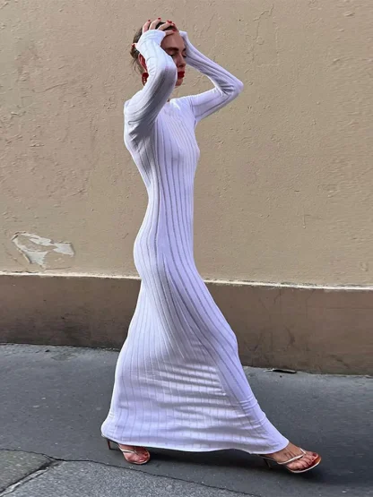 Knitted Long Sleeve White Dress - Image 3