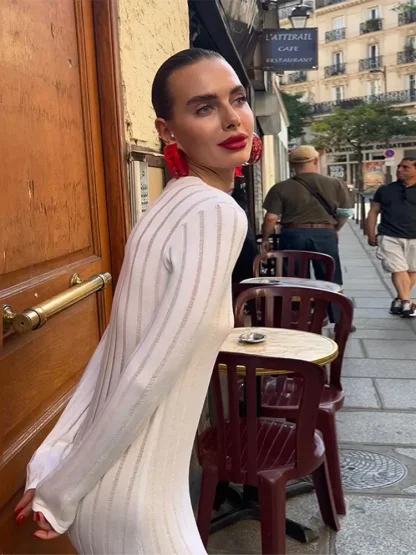 Knitted Long Sleeve White Dress - Image 2