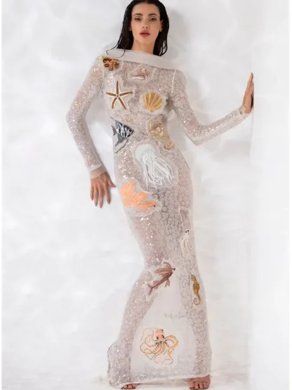 Backless Sequins White Evening Dress - Image 3